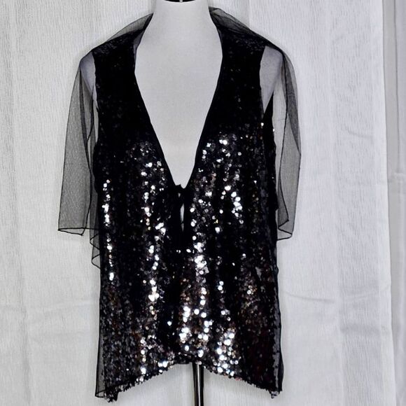 Elie Tahari Black Semi Sheer Sequin & Tulle Versatile Drape Neckline Formal Vest - Picture 3 of 14